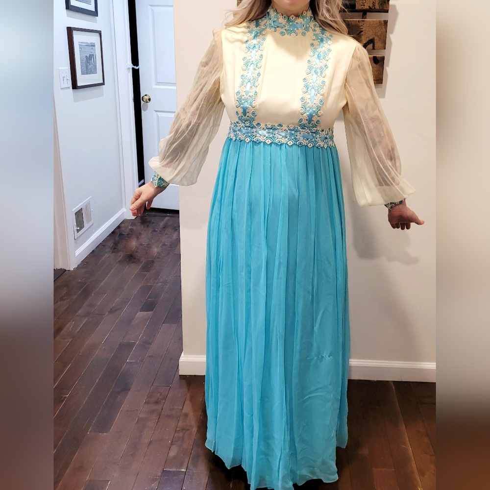 Vintage 1970s blue and ivory tulle embroidered floral maxi dress gown - Picture 5 of 14